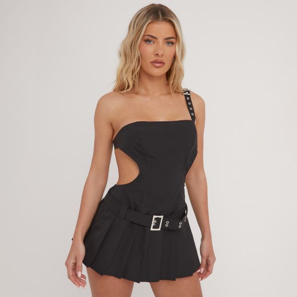 Belted One Shoulder Cut Out Detail Pleated Mini Dress In Black Woven, Women’s Size UK 6