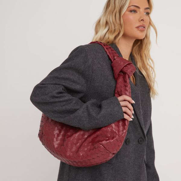 Loreen Woven Knotted Strap Detail Oversized Shoulder Bag In Burgundy Faux Leather, Women’s Size UK One Size