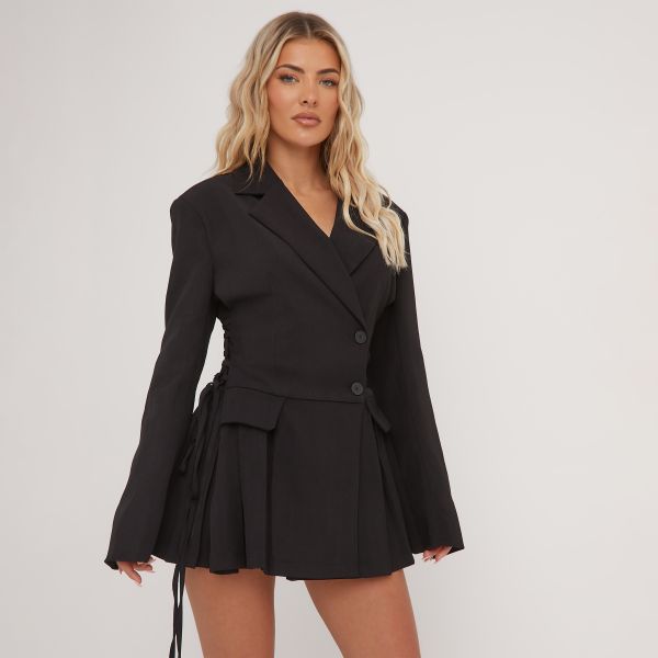 Tie Side Detail Tailored Pleated Mini Blazer Dress In Black Woven, Women’s Size UK 6