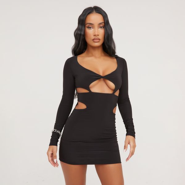 Long Sleeve Front Cut Out Detail Mini Bodycon Dress In Black Slinky, Women’s Size UK 6