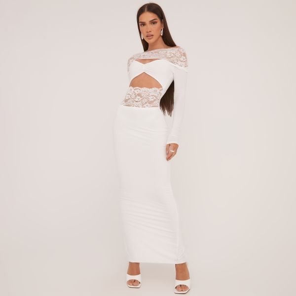 Long Sleeve Lace Trim Cut Out Front Maxi Dress In White Slinky, Women’s Size UK 6