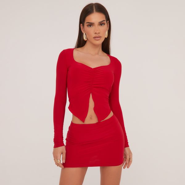 Long Sleeve Ruched Detail Split Front Crop Top In Red Slinky, Women’s Size UK 10