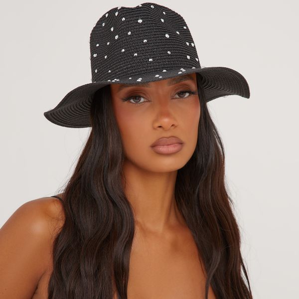 Diamante Detail Straw Hat In Black, Women’s Size UK One Size