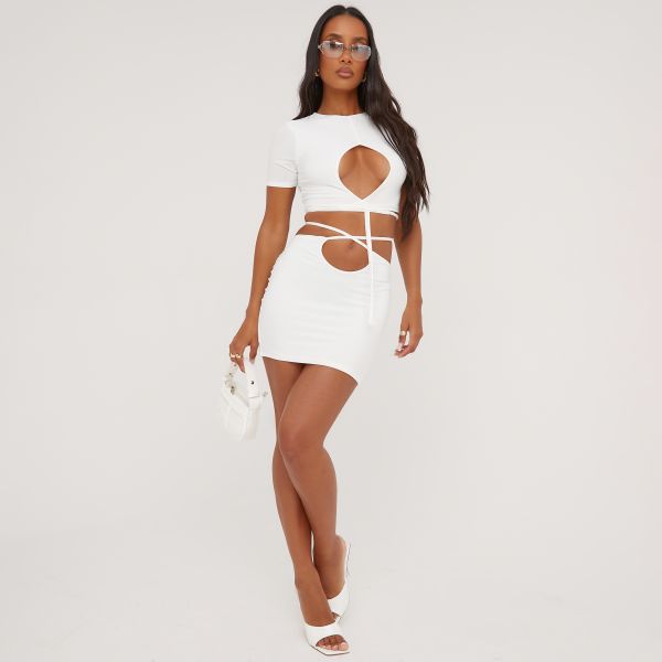 Strappy Cut Out Detail Mini Bodycon Skirt In White Slinky, Women’s Size UK 12
