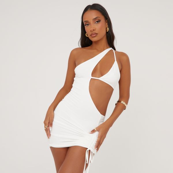 One Shoulder Cut Out Ruched Detail Asymmetric Mini Bodycon Dress In White, Women’s Size UK 14