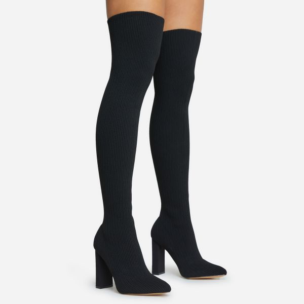 Only-Fans Block Heel Over The Knee Thigh High Long Sock Boot In Black Ribbed Knit, Women’s Size UK 3
