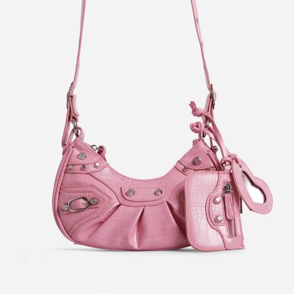 Harlin Studded Purse Detail Shoulder Bag In Pink Faux Leather, One Size