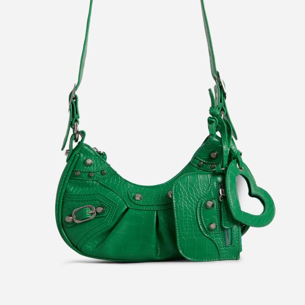 Harlin Studded Purse Detail Shoulder Bag In Green Faux Leather, One Size