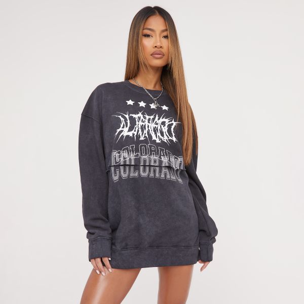 Oversized Colorado Graphic Slogan Print Sweater Dress In Grey Acid Wash, Women’s Size UK 10