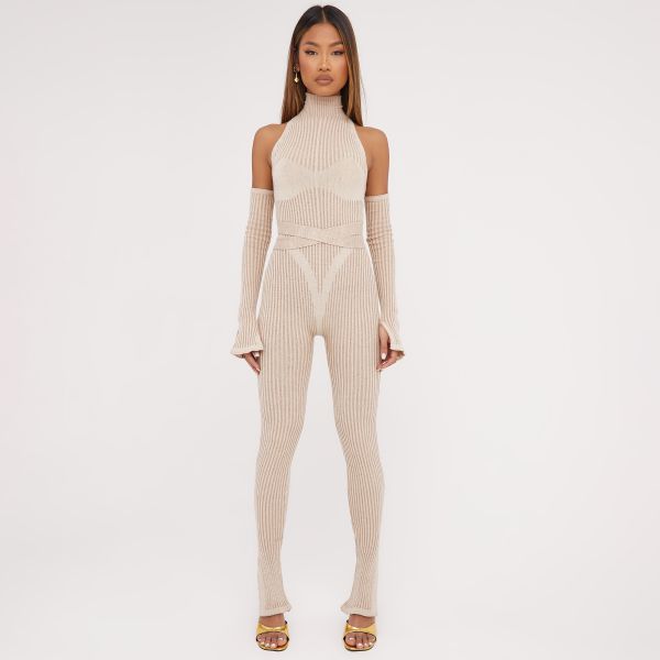 High Neck Belted Detail Contrast Jumpsuit With Sleeves In Stone Ribbed Knit, Women’s Size UK Medium M
