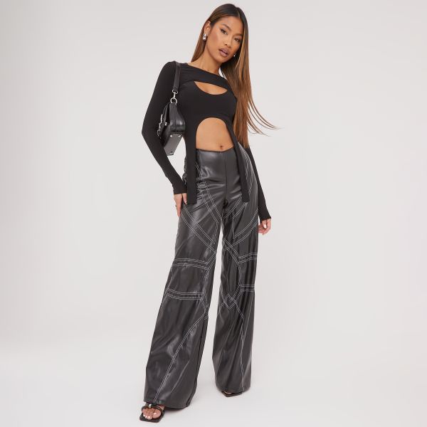 High Waist Contrast Stitch Detail Wide Leg Trousers In Black Faux Leather, Women’s Size UK 10