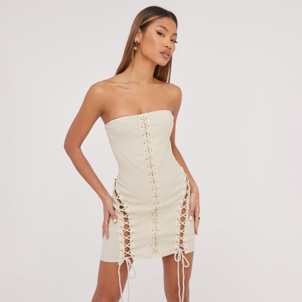 Bandeau Lace Up Detail Corseted Mini Bodycon Dress In Stone Woven, Women’s Size UK 10