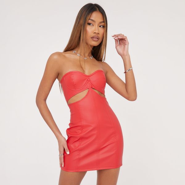 Bandeau Underwired Cut Out Detail Mini Bodycon Dress In Red Faux Leather, Women’s Size UK 10