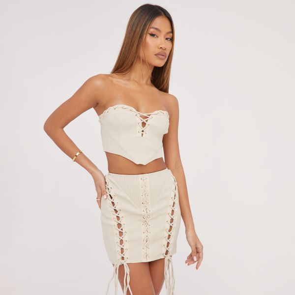 Bandeau Lace Up Detail Cropped Corset Top In Stone Woven, Women’s Size UK 6