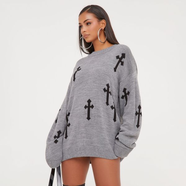 Long Sleeve Cross Patch Detail Oversized Jumper In Charcoal Knit, Women’s Size UK Extra Large XL