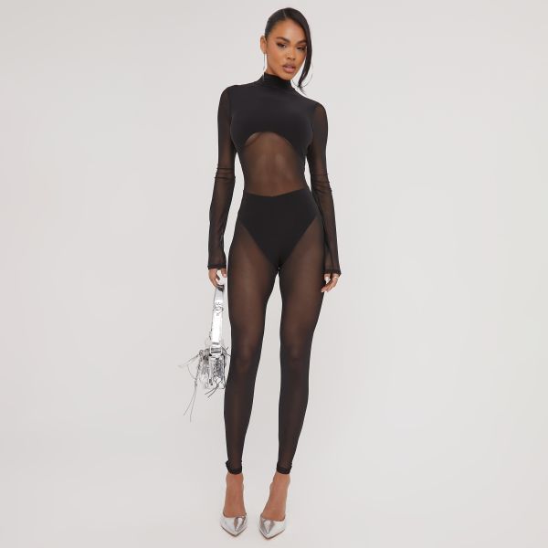 High Neck Long Sleeve Mesh Double Layer Detail Jumpsuit In Black Slinky, Women’s Size UK 6