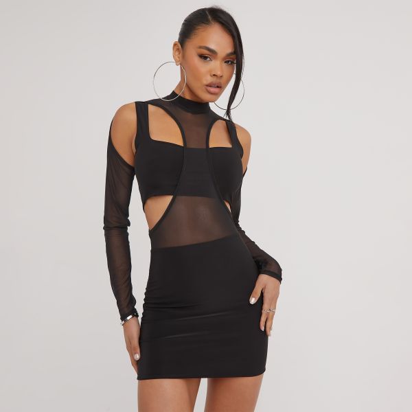 High Neck Long Sleeve Cut Out Detail Mesh Double Layer Mini Bodycon Dress In Black, Women’s Size UK 12