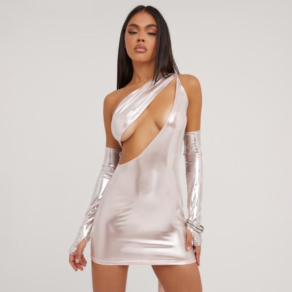 One Shoulder Cut Out Drape Detail Mini Bodycon Dress With Sleeves In Rose Gold Metallic, Women’s Size UK Medium M