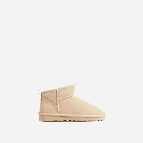 Minka ’Kids’ White Stitch Detail Faux Fur Lining Mini Ankle Boot In Sand Faux Suede, Kids Size UK 11