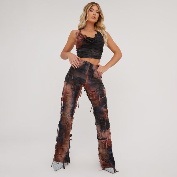High Waist Distressed Detail Flared Trousers In Acid Wash Brown, Women’s Size UK 6