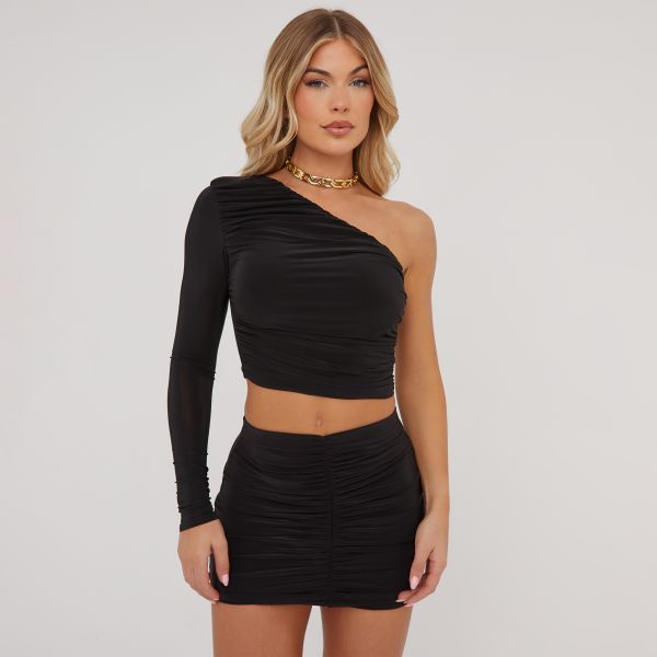 One Sleeve Ruched Detail Crop Top In Black Slinky, Women’s Size UK 14
