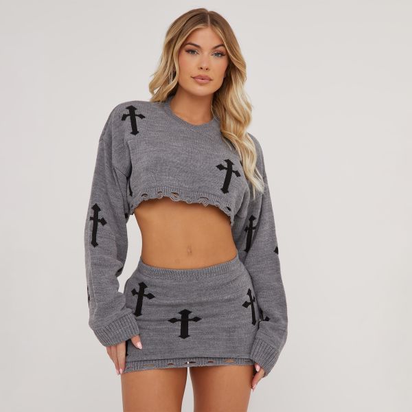 Long Sleeve Crucifix Detail Cropped Oversized Jumper In Grey Knit, Women’s Size UK Large L