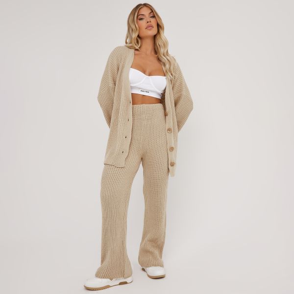Oversized Button Up Cardigan And High Waist Flared Trousers Co-Ord Set In Stone Knit, Women’s Size UK One Size