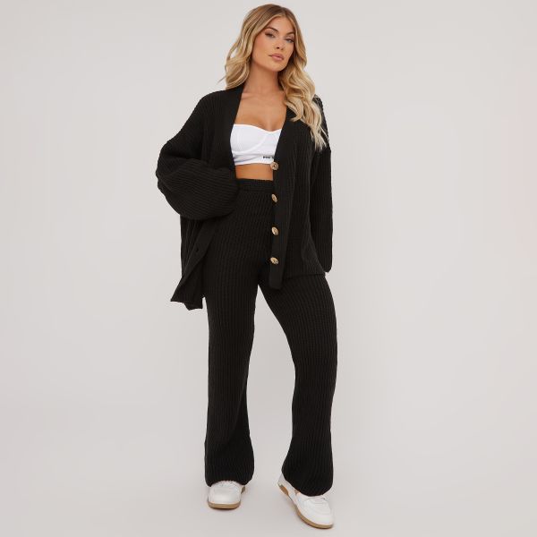 Oversized Button Up Cardigan And High Waist Flared Trousers Co-Ord Set In Black Knit, Women’s Size UK One Size