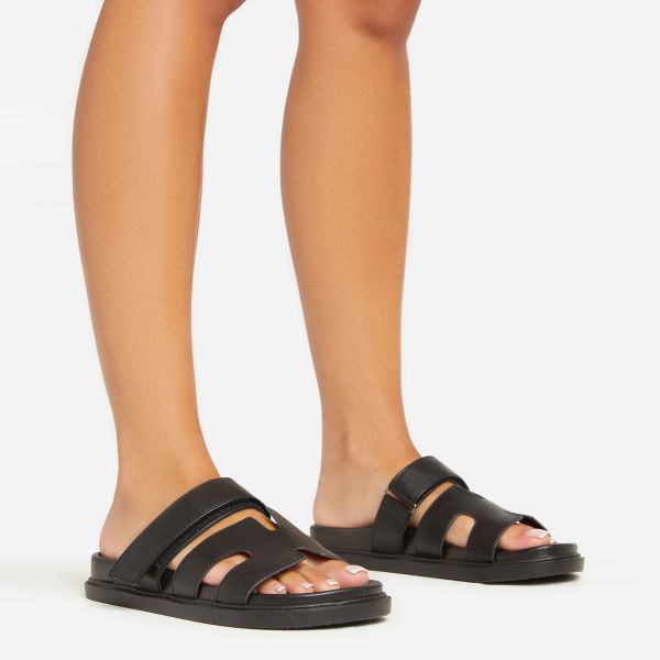 Valerie Gladiator Velcro Strap Flat Slider Sandal In Black Faux Leather, Women’s Size UK 3