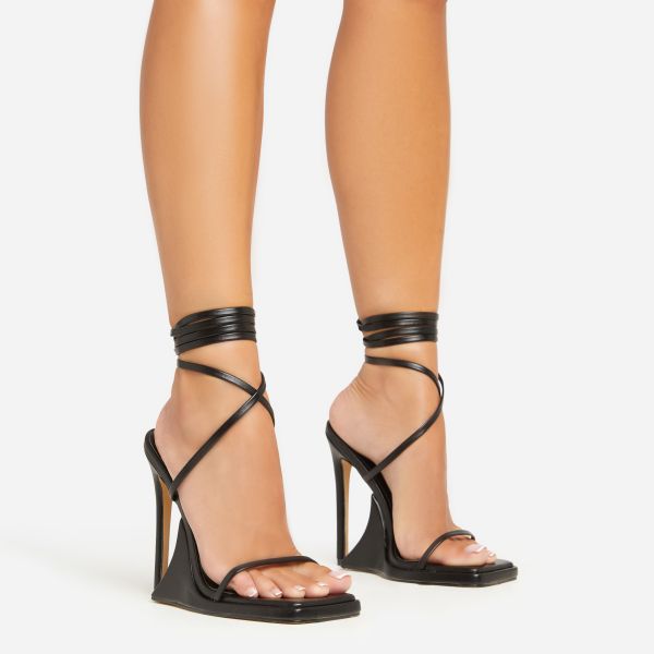 Superlit Lace Up Square Toe Sculptured Platform Stiletto Heel In Black Faux Leather, Women’s Size UK 6