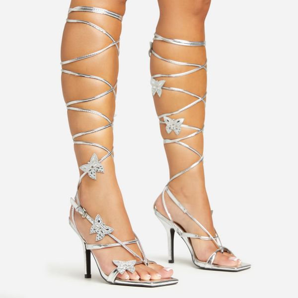 Fly-Away Lace Up Butterfly Detail Square Toe Stiletto Heel In Silver Faux Leather, Women’s Size UK 4