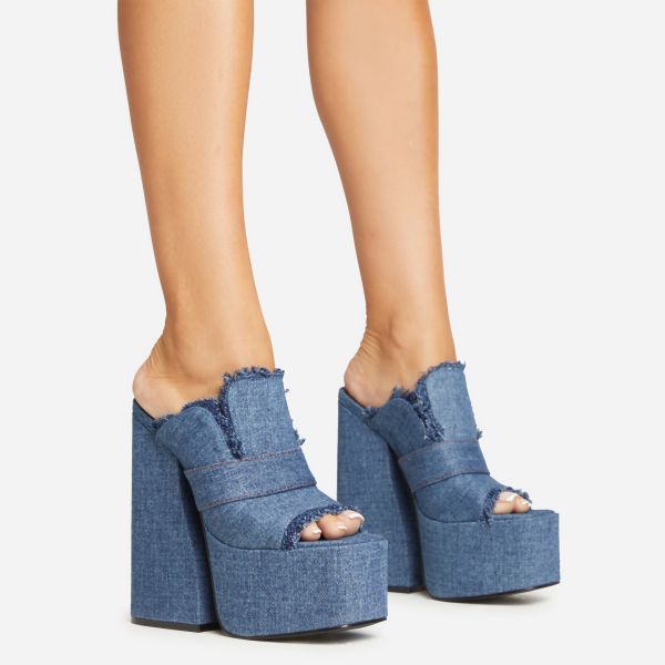 Biteback Frayed Detail Square Peep Toe Platform Block Heel Mule In Dark Blue Denim, Women’s Size UK 6
