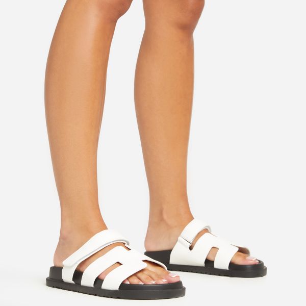 Valerie Gladiator Velcro Strap Flat Slider Sandal In White Croc Print Faux Leather, Women’s Size UK 5