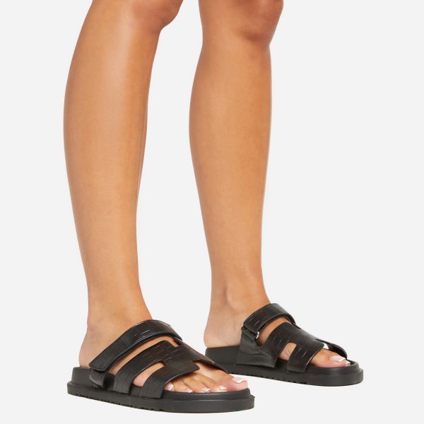 Valerie Gladiator Velcro Strap Flat Slider Sandal In Black Croc Print Faux Leather, Women’s Size UK 3