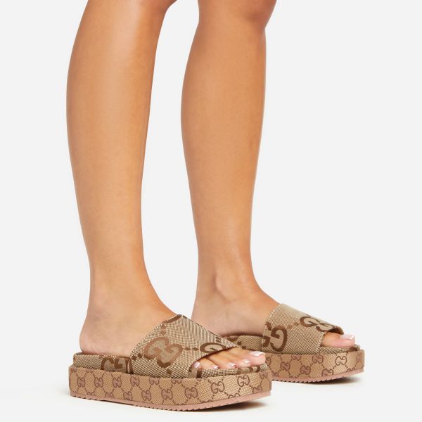 Manic Printed Detail Peep Toe Flatform Slider Sandal In Brown Fabric, Women’s Size UK 5