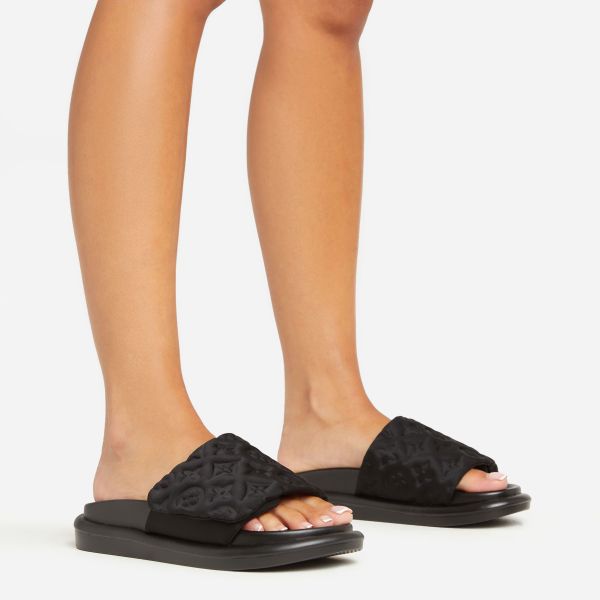It’s-A-Vibe Embossed Velcro Strap Flat Slider Sandal In Black Lycra, Women’s Size UK 3