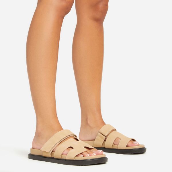 Valerie Gladiator Velcro Strap Flat Slider Sandal In Nude Faux Suede, Women’s Size UK 6