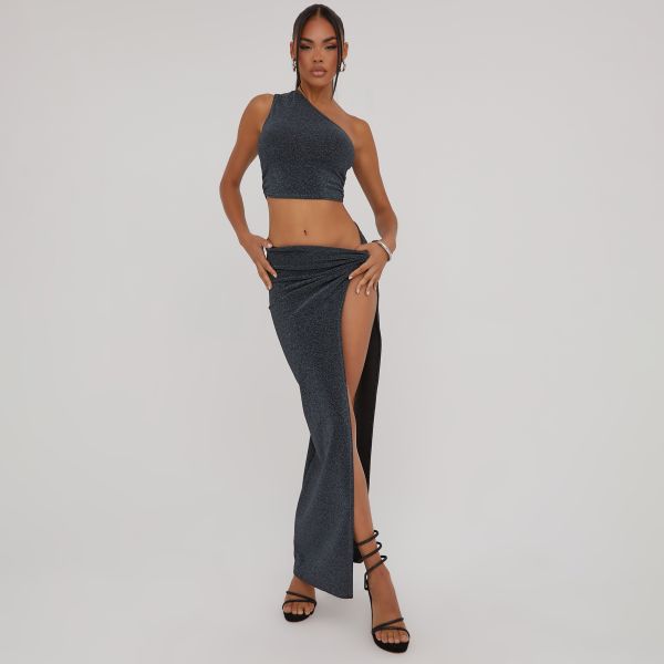One Shoulder Crop Top And Side Split Knotted Maxi Skirt Co-Ord Set In Black Glitter, Women’s Size UK 8