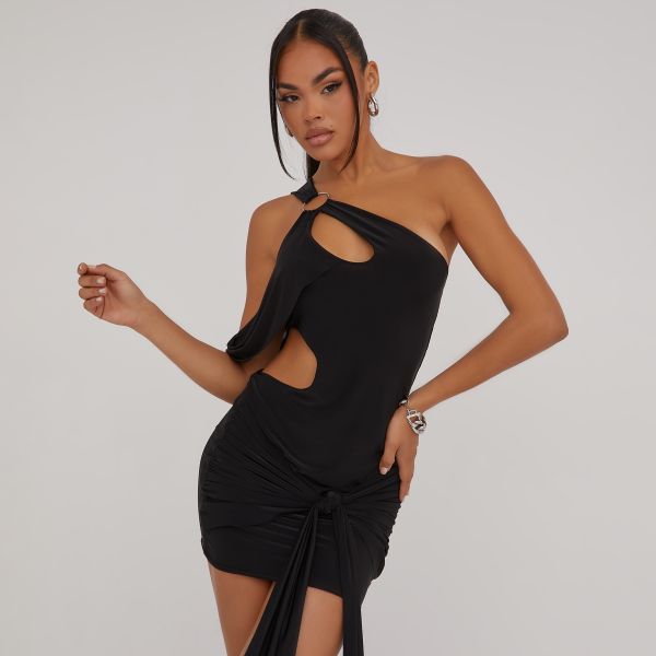One Shoulder Cut Out Ring Detail Draped Double Layered Mini Dress In Black Slinky, Women’s Size UK 6