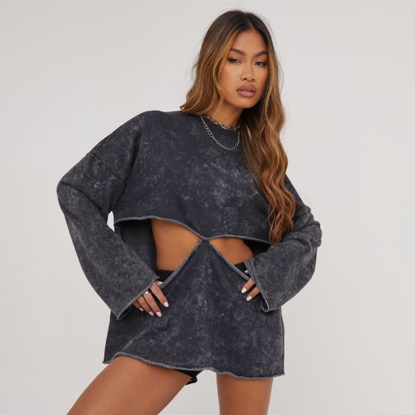 Long Sleeve Slashed Cut Out Detail Oversized Top In Grey Acid Wash, Women’s Size UK 8
