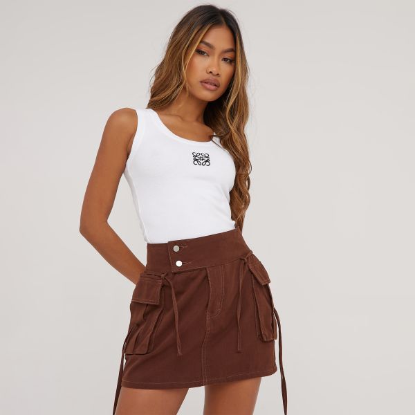 High Waist Multi Pocket Detail Cargo Mini Skirt In Brown, Women’s Size UK 8