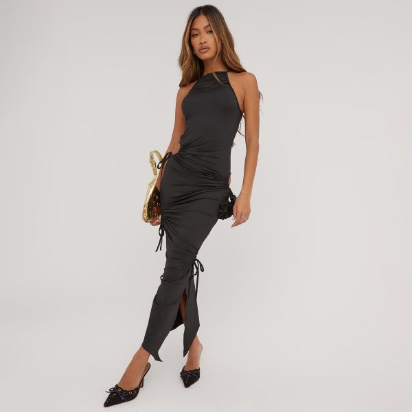 Sleeveless Cut Out Tie Detail Maxi Dress In Black, Women’s Size UK Medium M