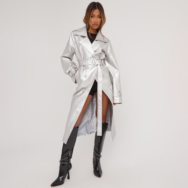 Tie Waist Buckle Detail Maxi Trench Coat In Silver Metallic Faux Leather, Women’s Size UK 6