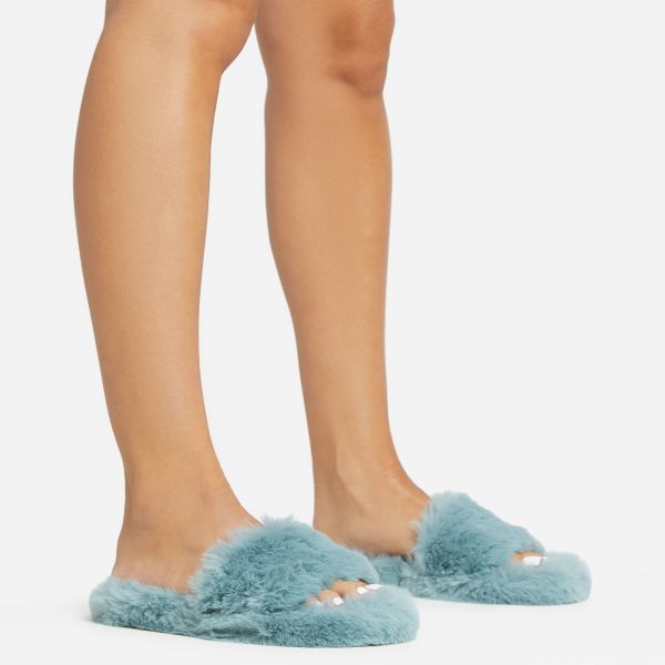 Peace Open Toe Flat Slipper In Blue Faux Fur, Women’s Size UK 5