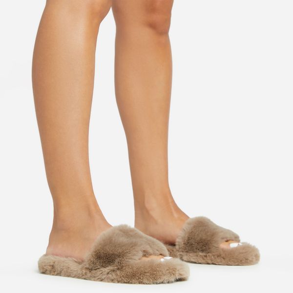 Peace Open Toe Flat Slipper In Taupe Faux Fur, Women’s Size UK 5