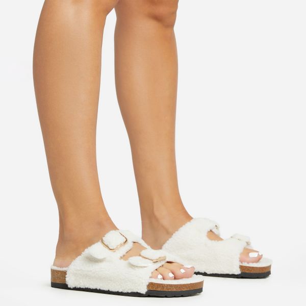 Grazer Double Buckle Strap Flat Slider Sandal In Cream Faux Shearling, Women’s Size UK 7