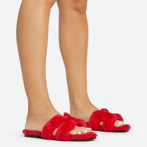 Maddison Caged Detail Flat Slider Sandal In Red Faux Fur, Women’s Size UK 6