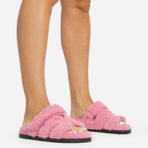 Bratitude Gladiator Velcro Strap Flat Slider Sandal In Pink Faux Shearling, Women’s Size UK 6