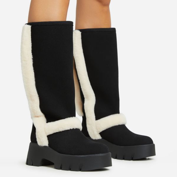 Raey Faux Fur Trim Detail Chunky Sole Knee High Long Boot In Black Faux Suede, Women’s Size UK 9