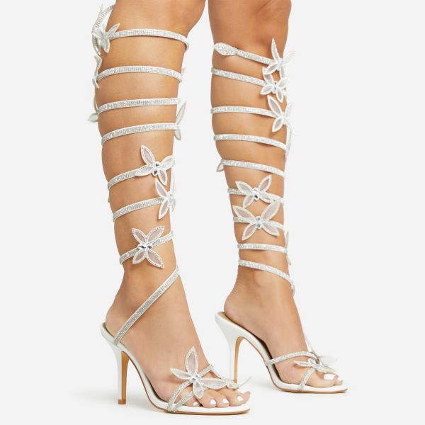 Dramatic-Fantasy Diamante Butterfly Detail Knee High Wrap Around Strap Stiletto Heel In White Faux Leather, Women’s Size UK 8